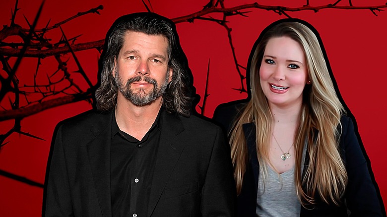 Ronald D. Moore and Sarah J. Maas in front of red backdrop with thorns