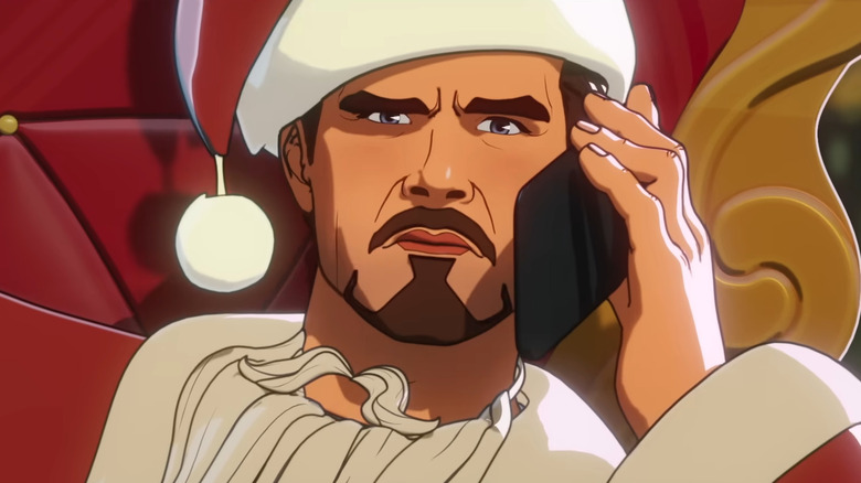 Tony Stark wearing a Santa hat