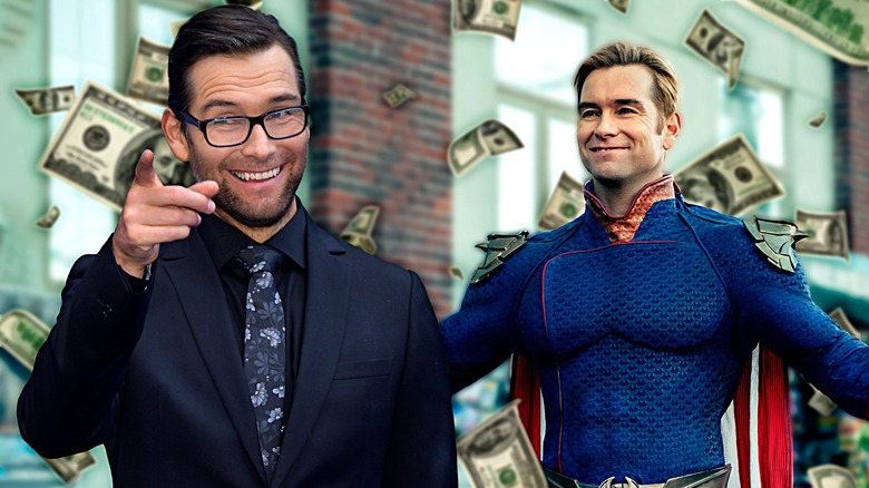 Homelander grinning next to Antony Starr pointing and smiling with cash floating