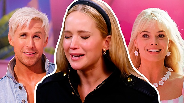 Jennifer Lawrence crying near Ken and Barbie